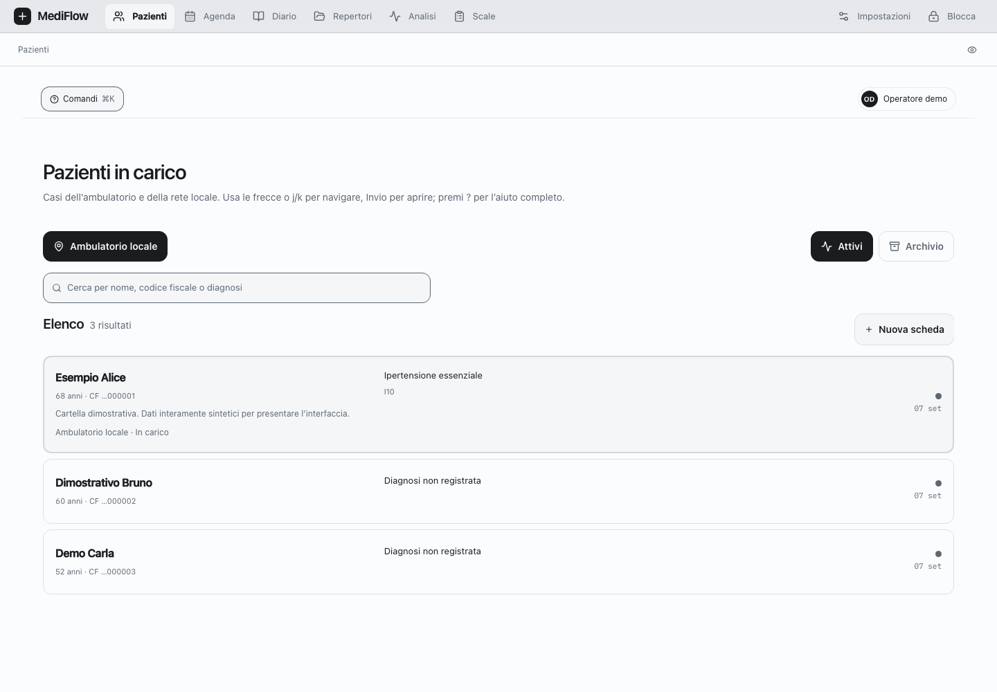 Elenco dei pazienti nell’anteprima Web di MediFlow 0.8.6